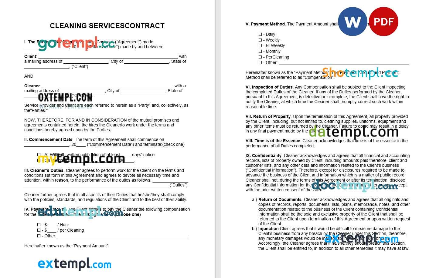 free download commercial cleaning services contract example in Word and PDF format