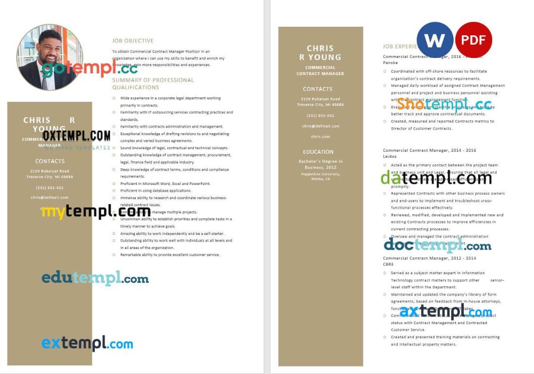 free download commercial contract manager resume in example in Word and PDF format