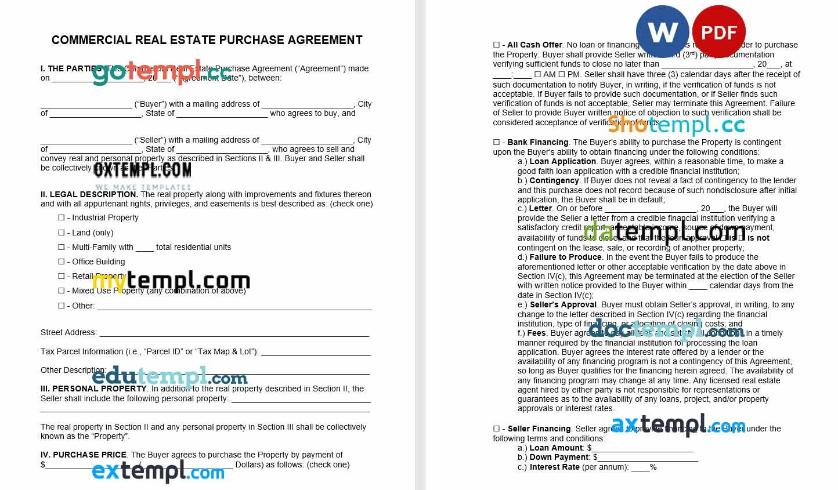 free download commercial real estate purchase agreement example, Word and PDF format