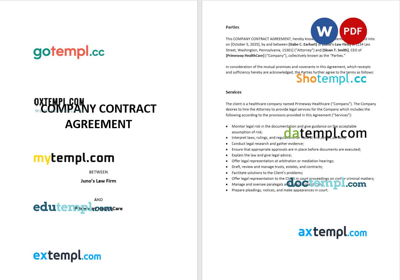 free download company contract agreement example in Word and PDF format