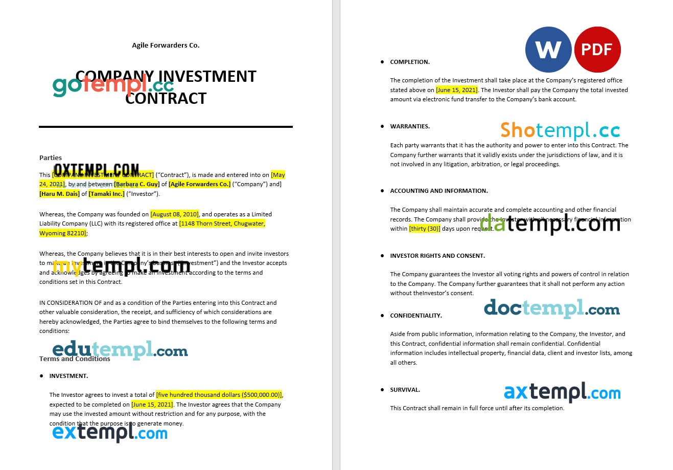 free download company investment contract example in Word and PDF format