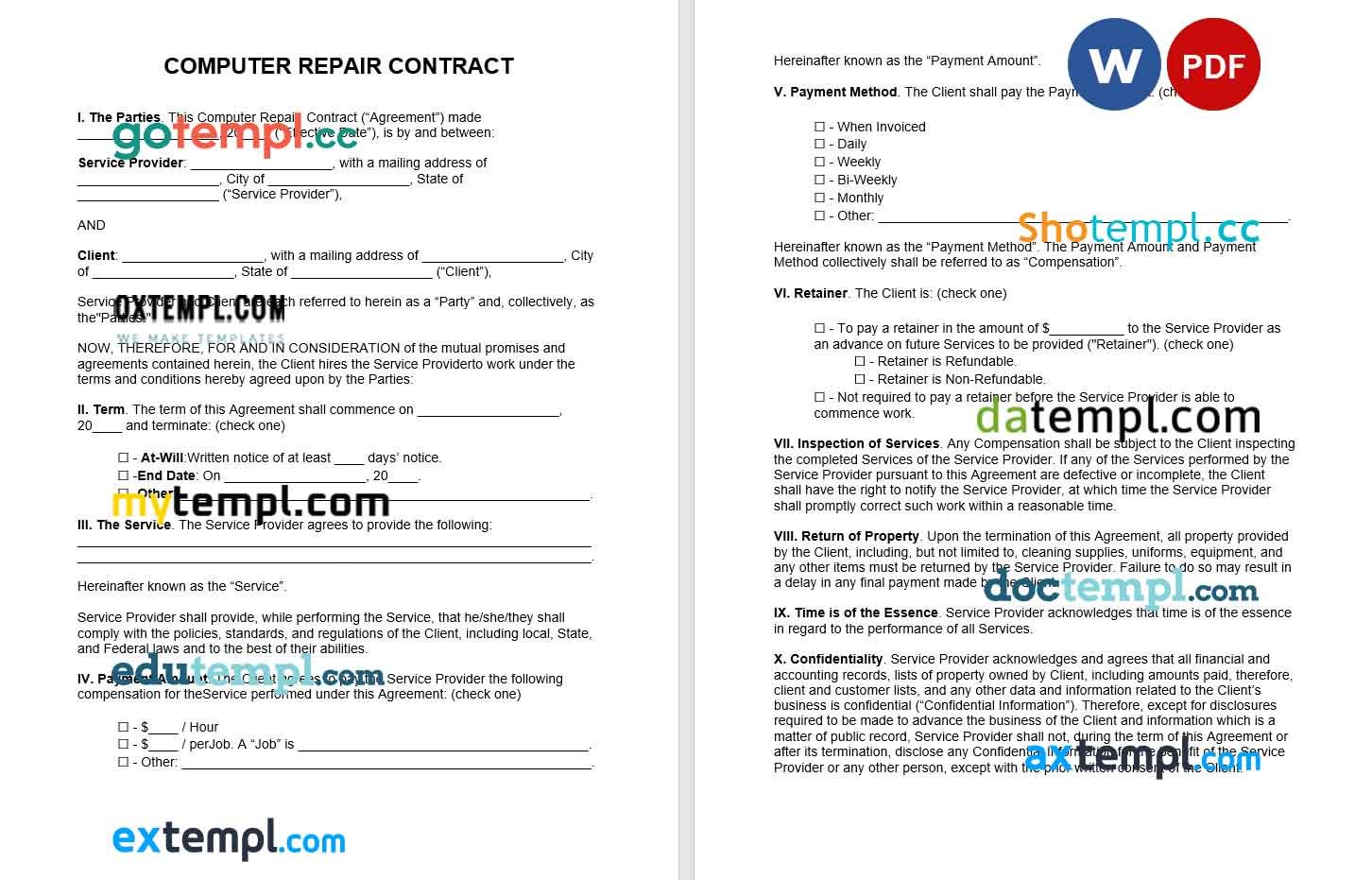 free download computer repair contract example in Word and PDF format