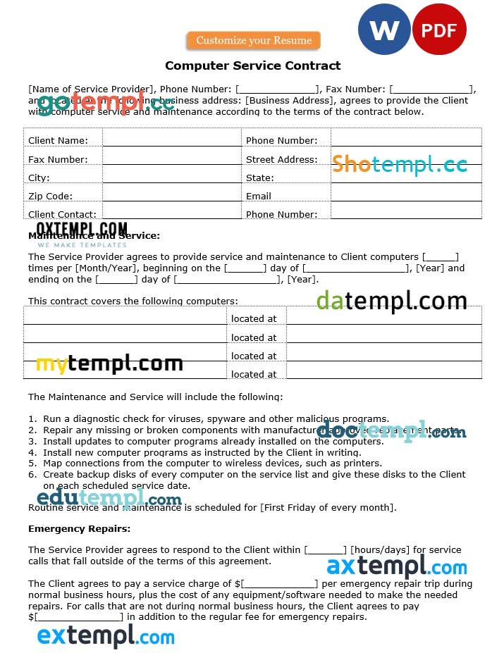free download computer service contract example, Word and PDF format