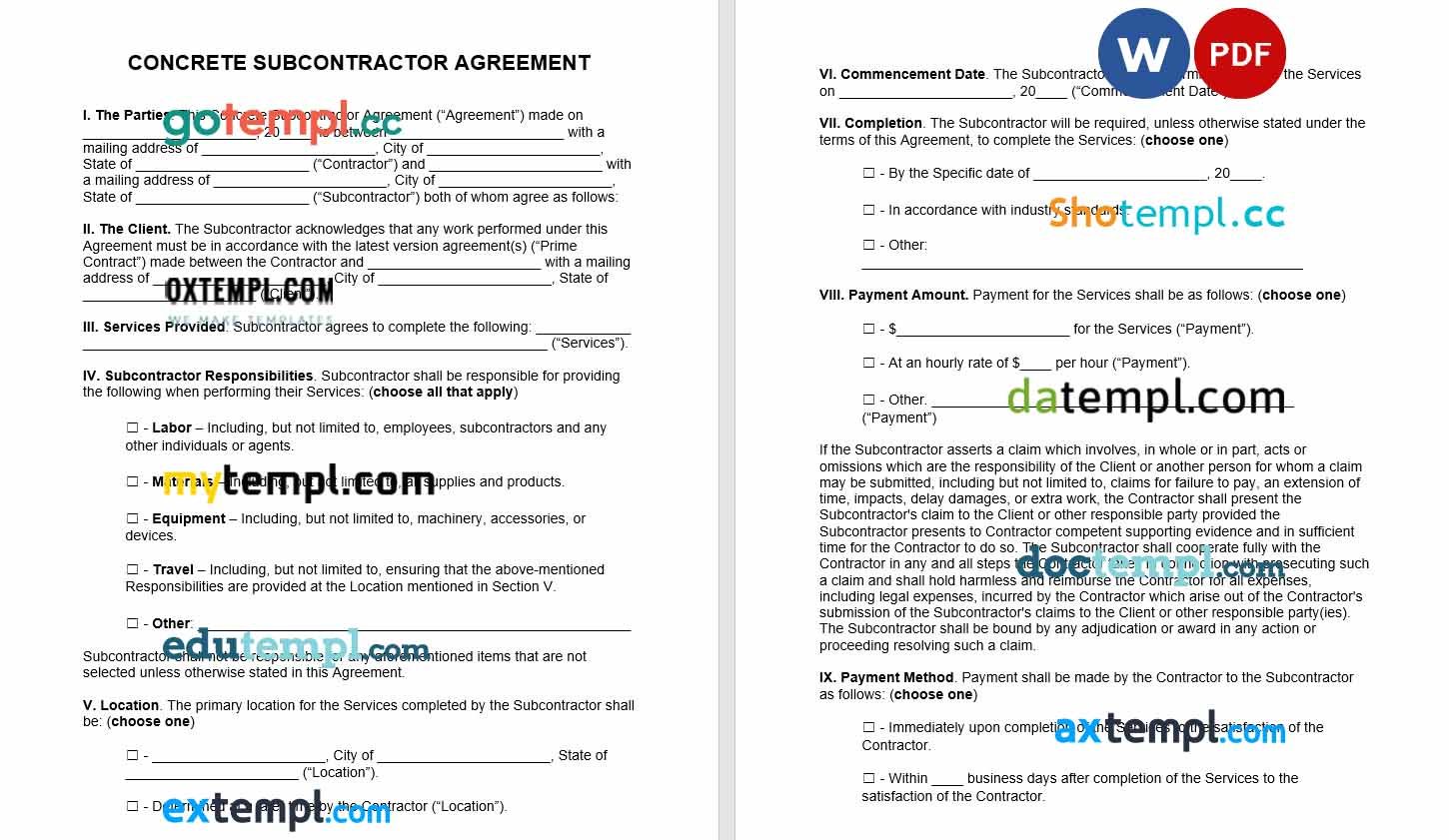 free download concrete subcontractor agreement example, Word and PDF format