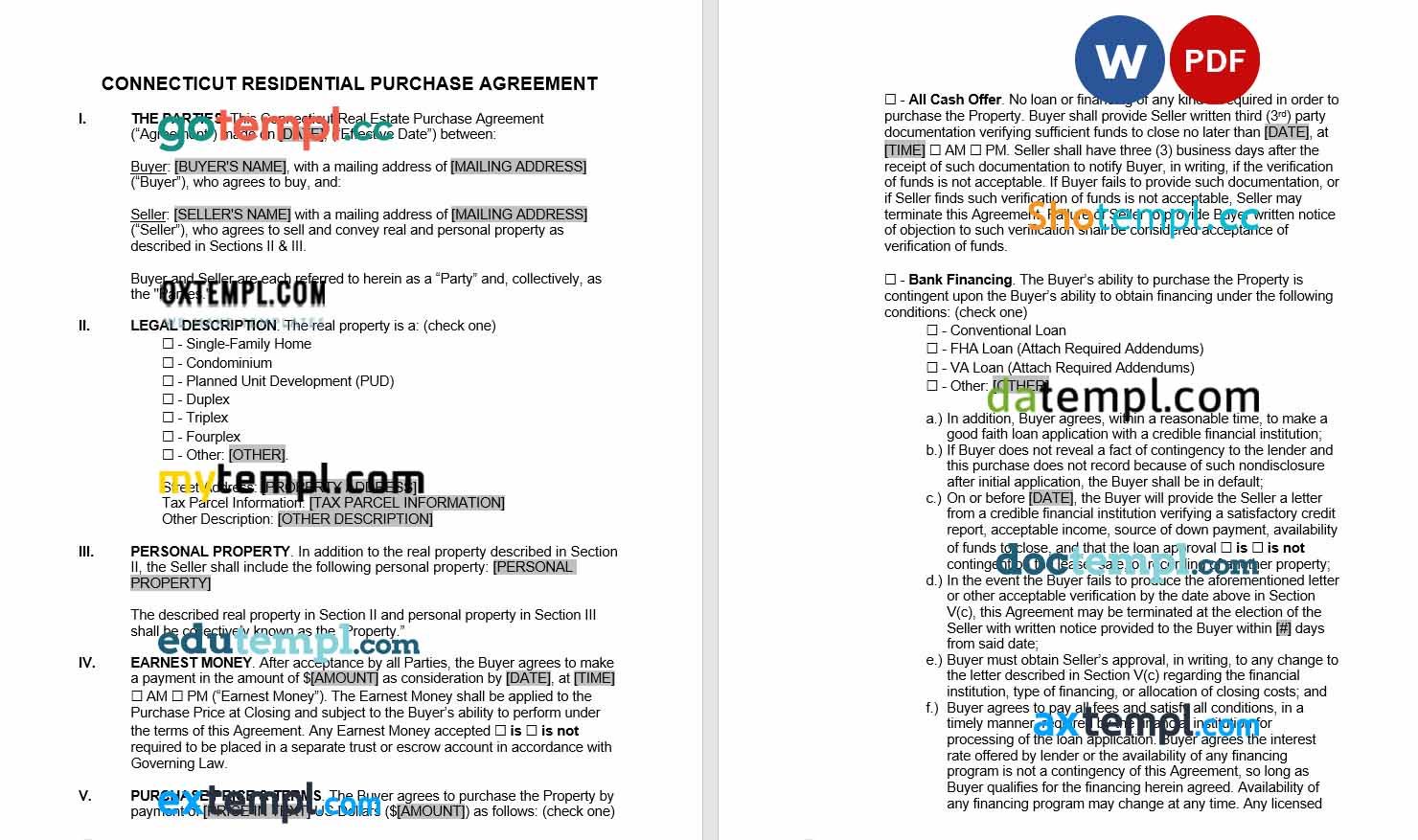 free download connecticut residential real estate purchase agreement example, Word and PDF format