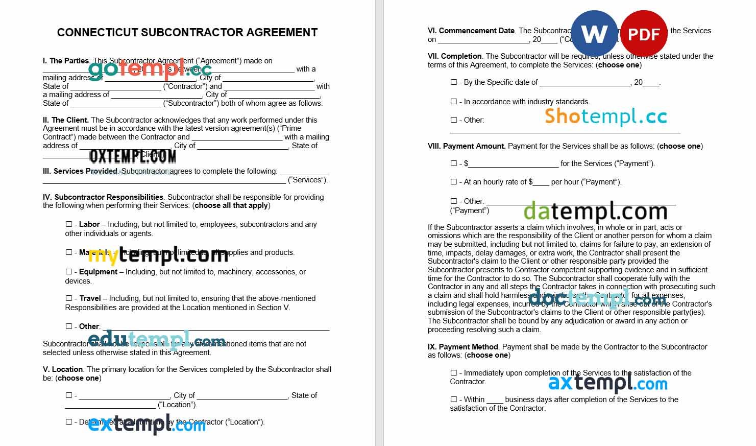 free download connecticut subcontractor agreement example, Word and PDF format