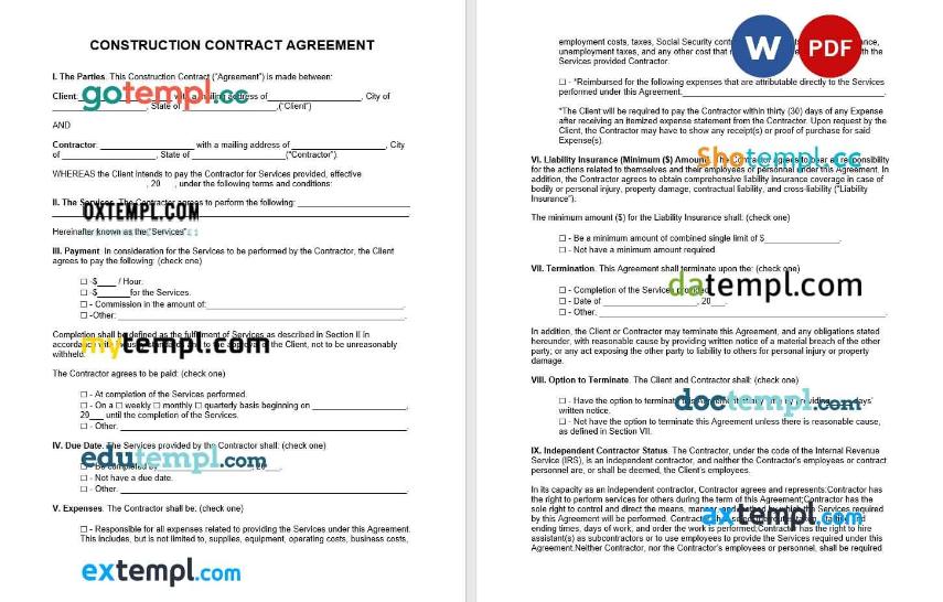 free download construction agreement example, Word and PDF format