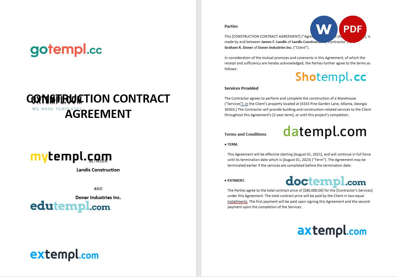 free download construction contract agreement example, Word and PDF format