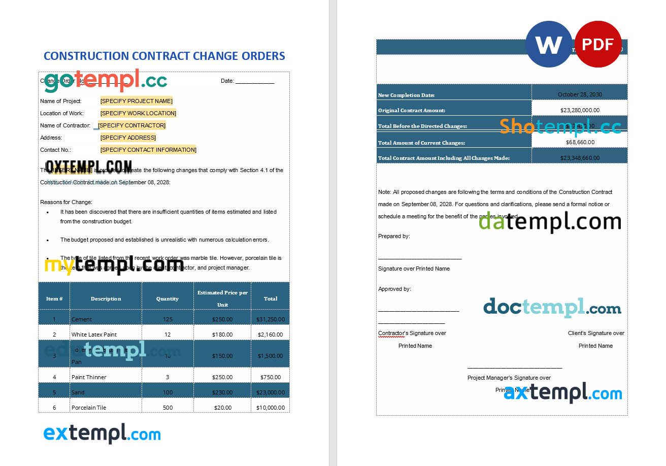 free download construction contract change orders example in Word and PDF format