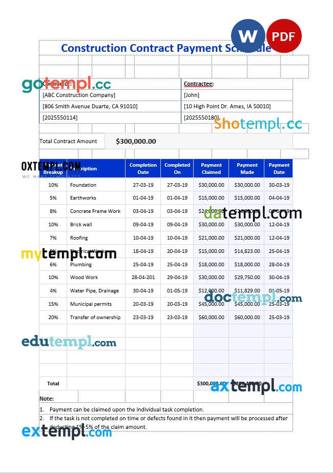 free download construction contract payment schedule example, Word and PDF format