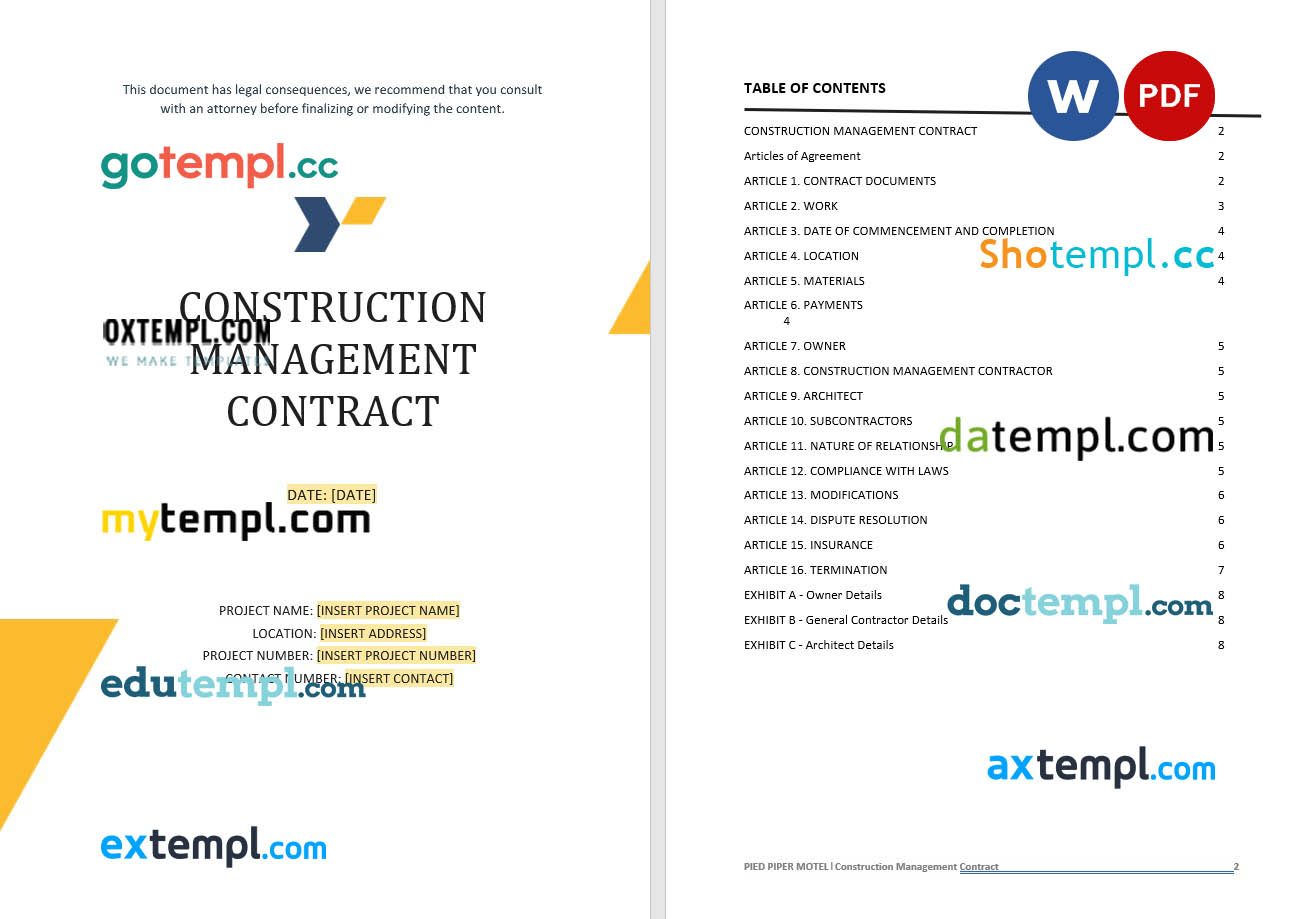 free download construction management contract example, Word and PDF format