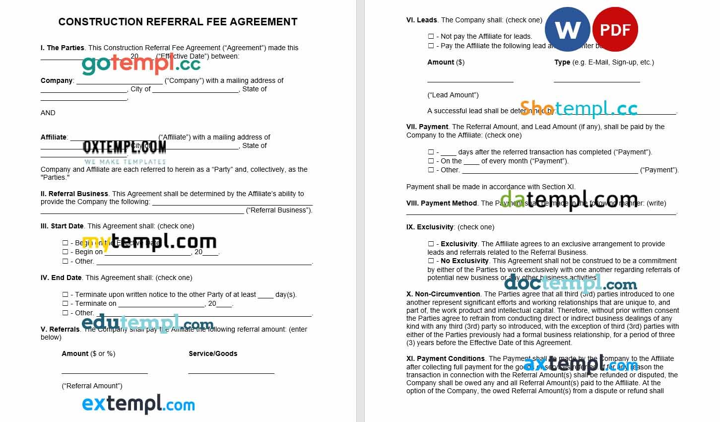 free download construction referral fee agreement example, Word and PDF format