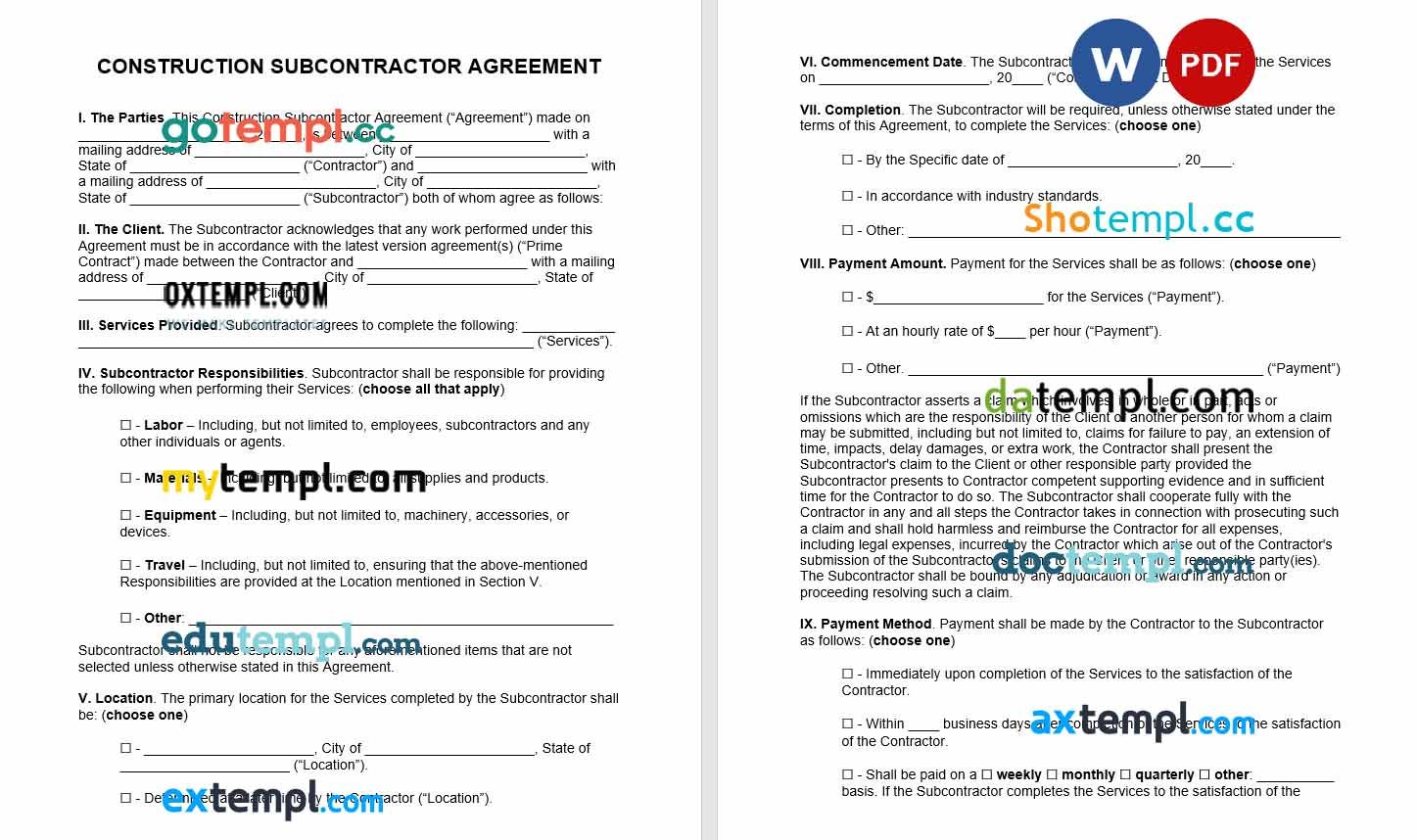free download construction subcontractor agreement example, Word and PDF format