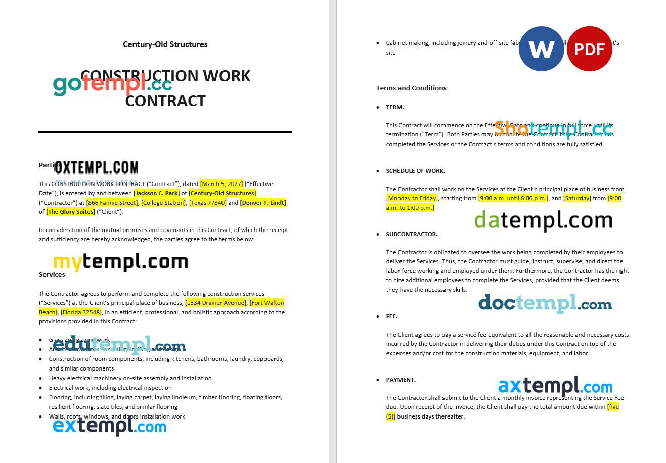 free download construction work contract example, Word and PDF format