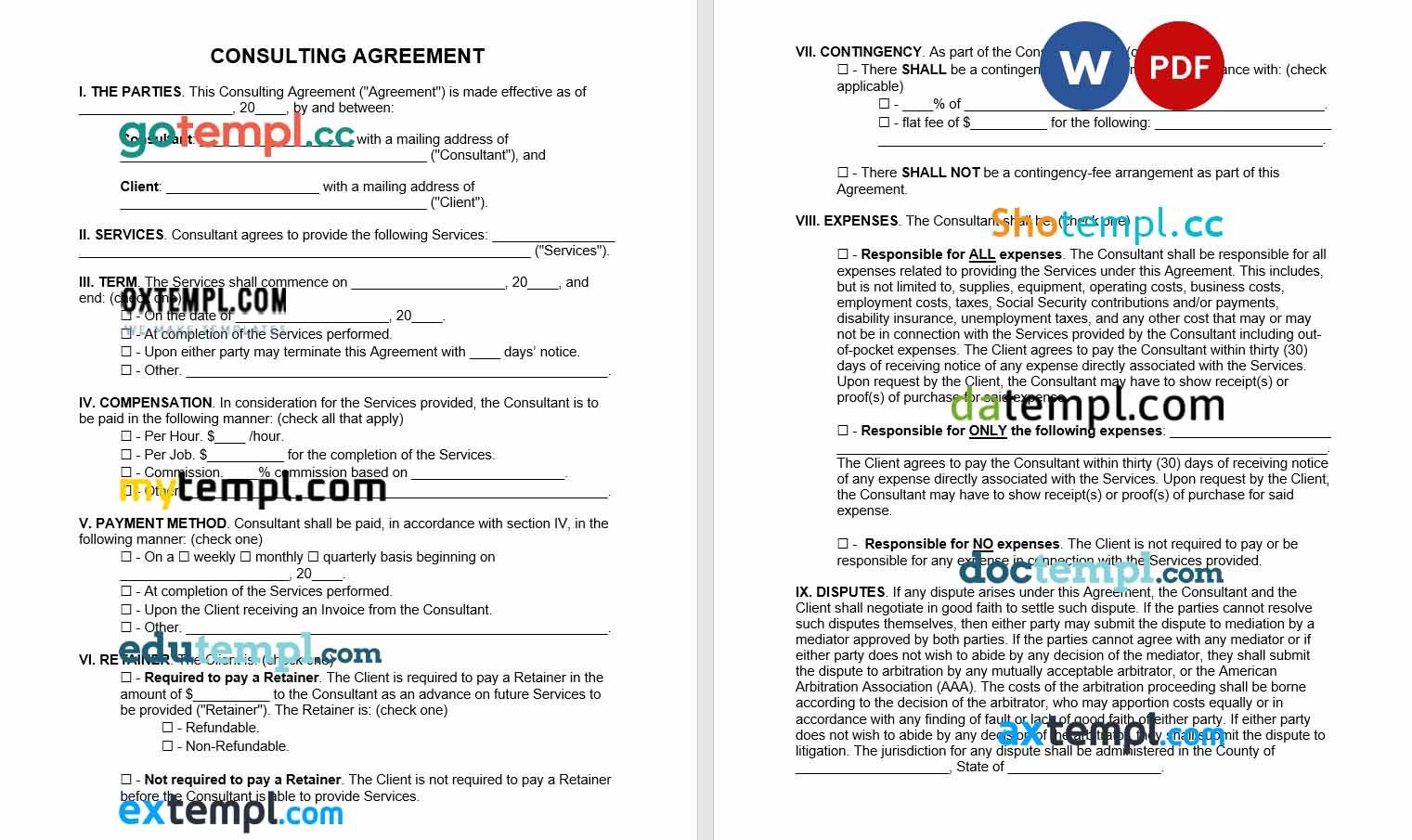 free download consulting agreement example, Word and PDF format