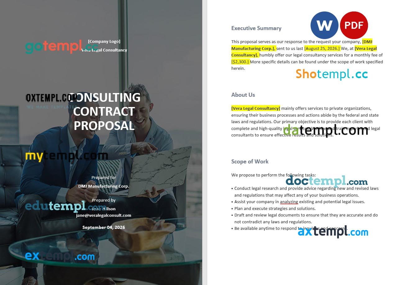 free download consulting contract proposal example, Word and PDF format