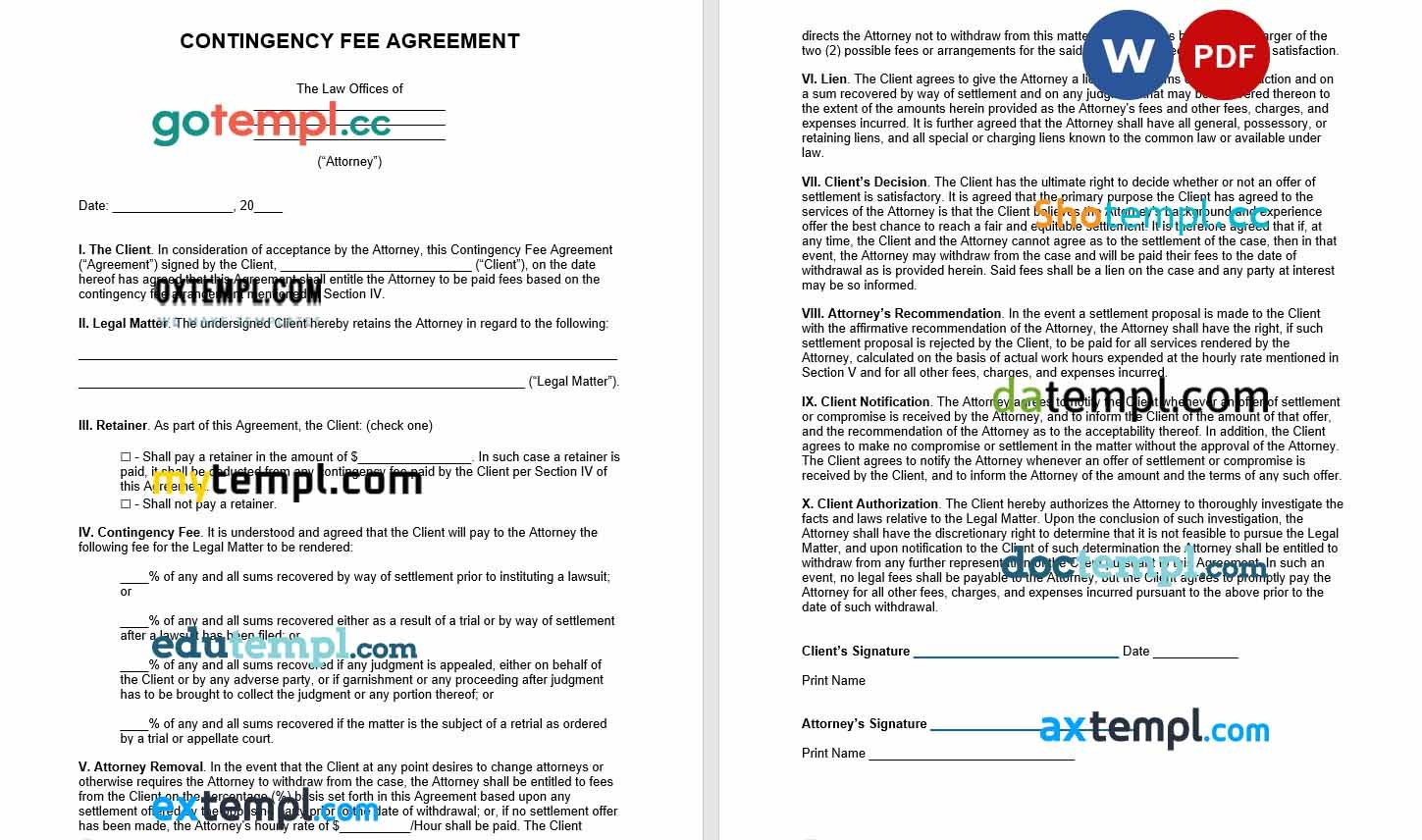 free download contingency fee agreement example, Word and PDF format