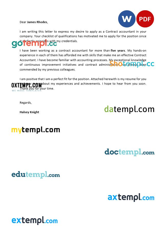 free download contract accountant cover letter example, Word and PDF format