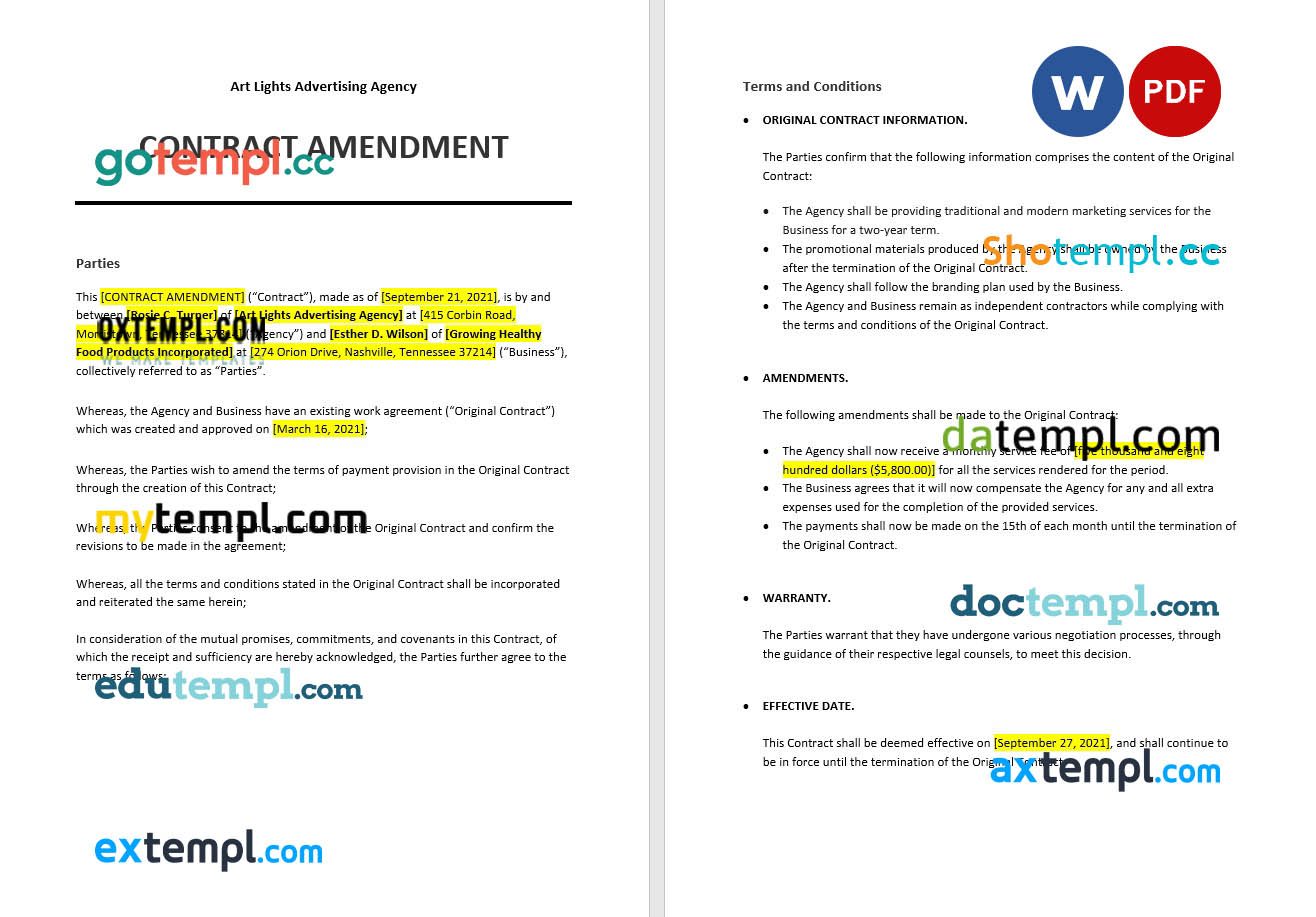 free download contract amendment example in Word and PDF format