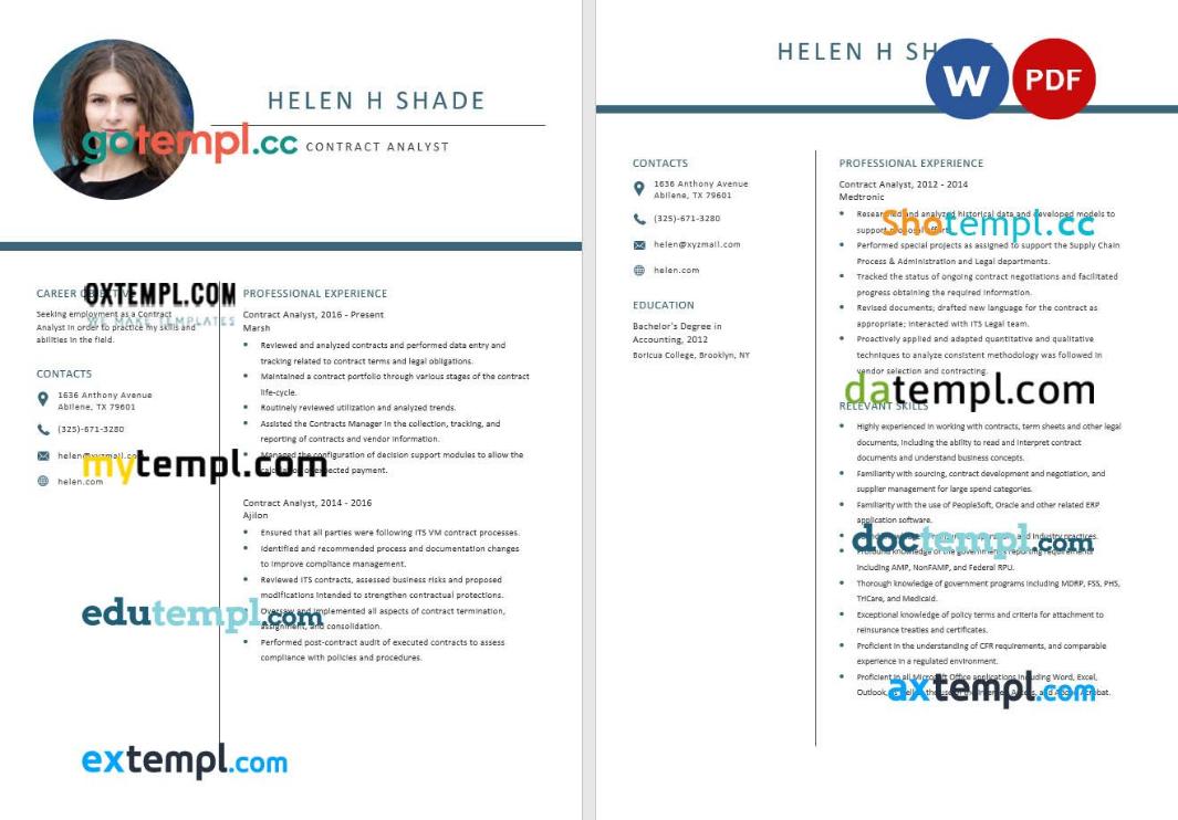 free download contract analyst resume example in Word and PDF format