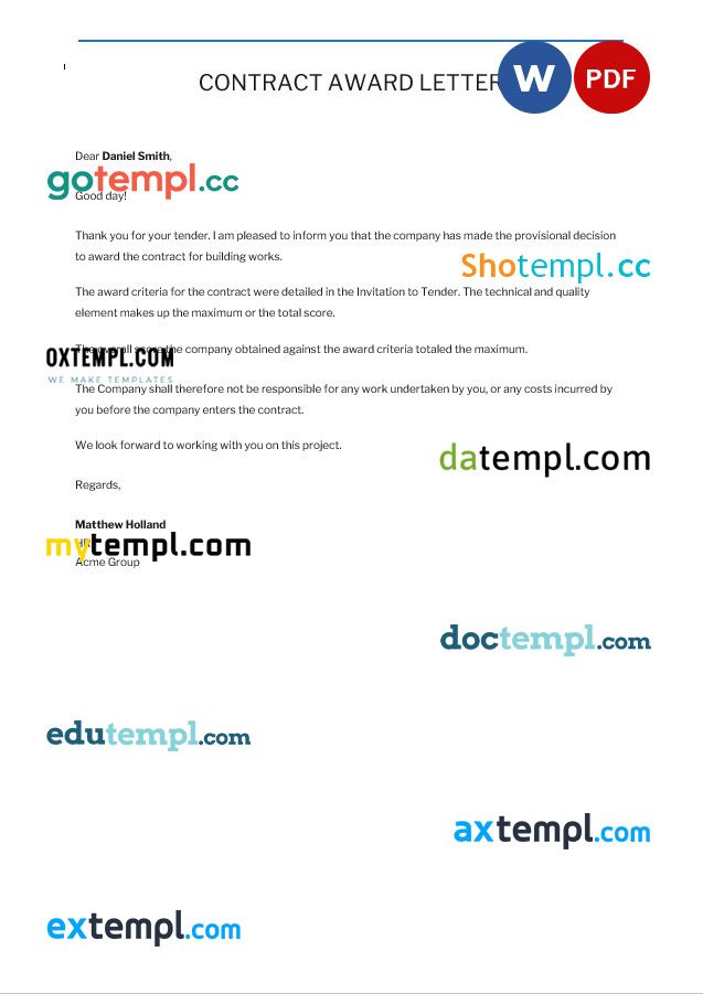 free download contract awardletter example, Word and PDF format