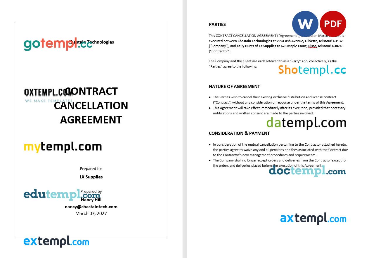 free download contract cancellation agreement example, Word and PDF format
