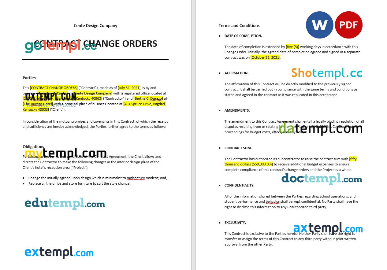 free download contract change orders example, Word and PDF format