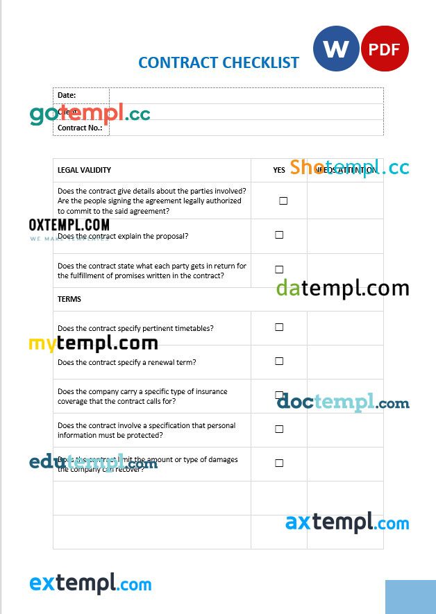 free download contract checklist example, Word and PDF format