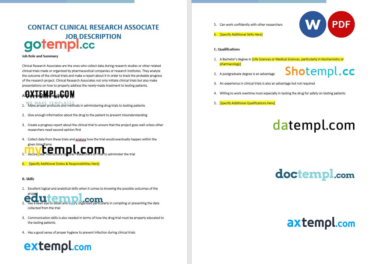 free download contract clinical research associate job ad and description example, Word and PDF formatv