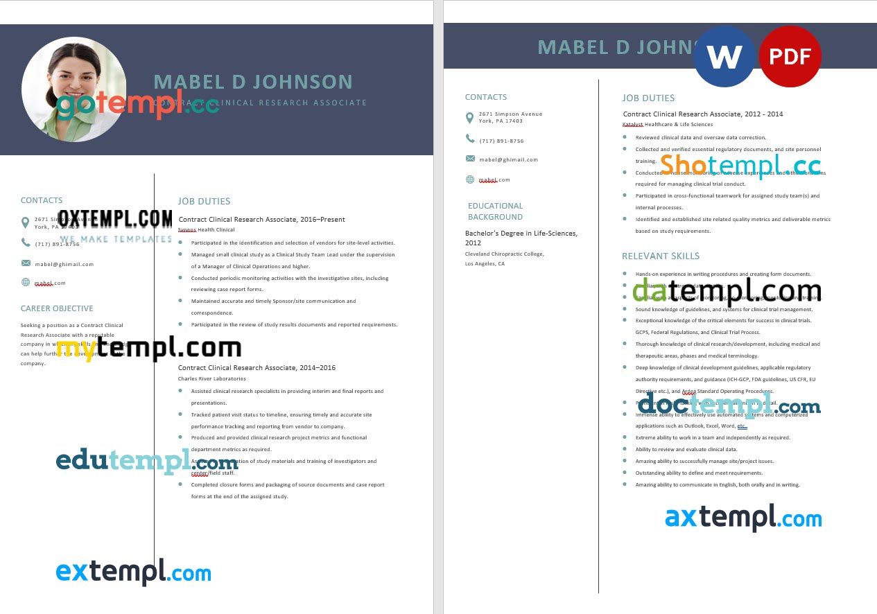 free download contract clinical research associate resume example, Word and PDF format