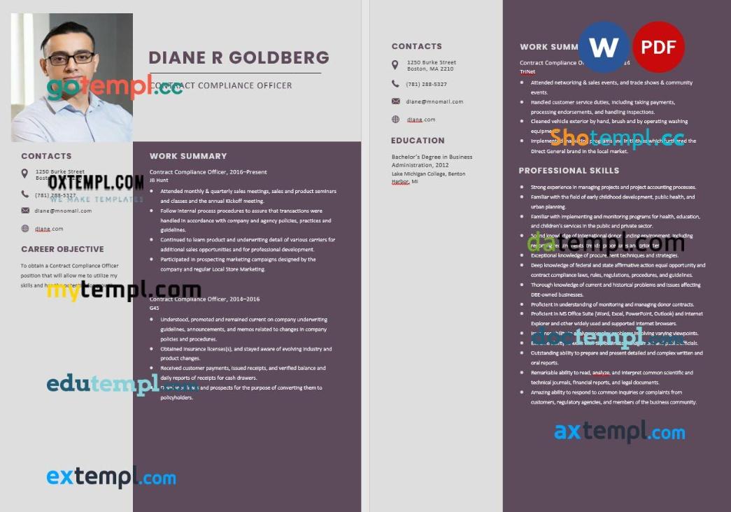free download contract compliance officer resume example, Word and PDF format