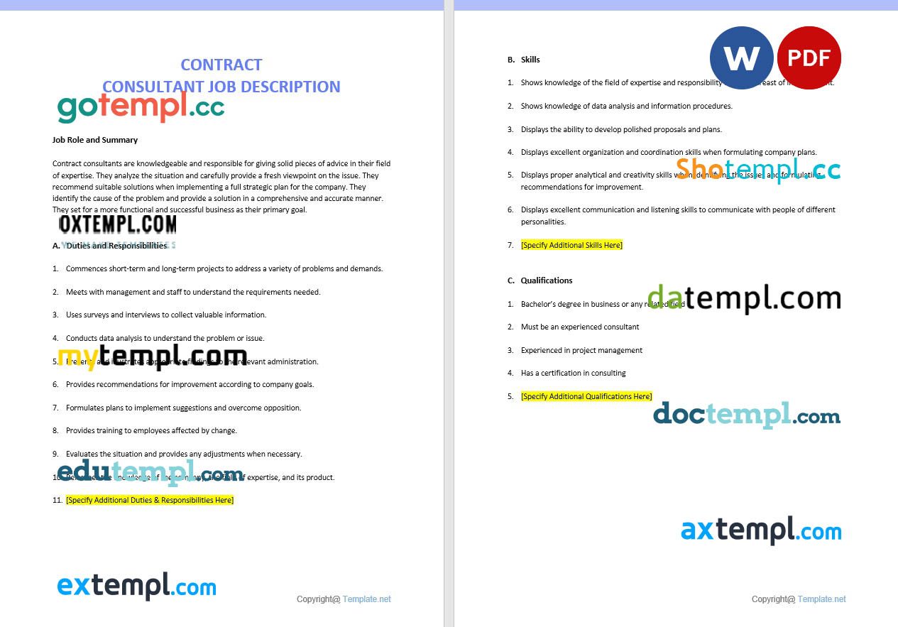 free download contract consultant job ad and description example, Word and PDF format