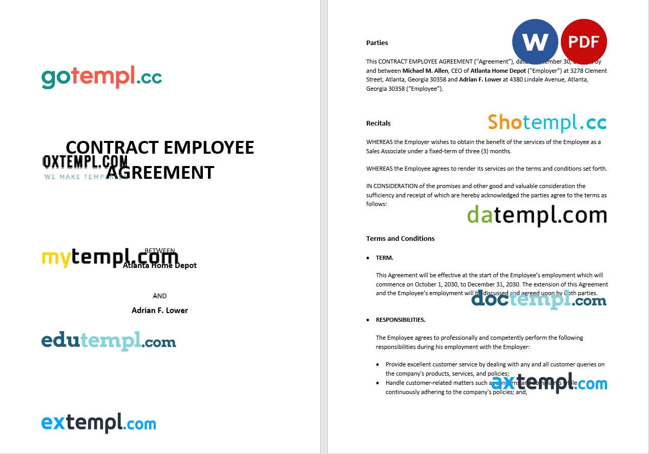 free download contract employee agreement example, Word and PDF format