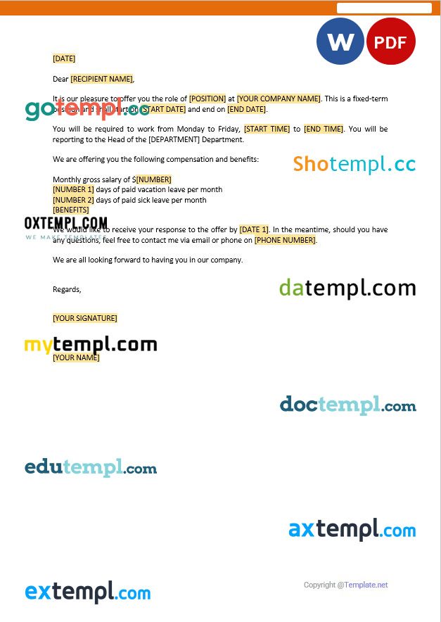 free download contract employee offer letter example, Word and PDF format