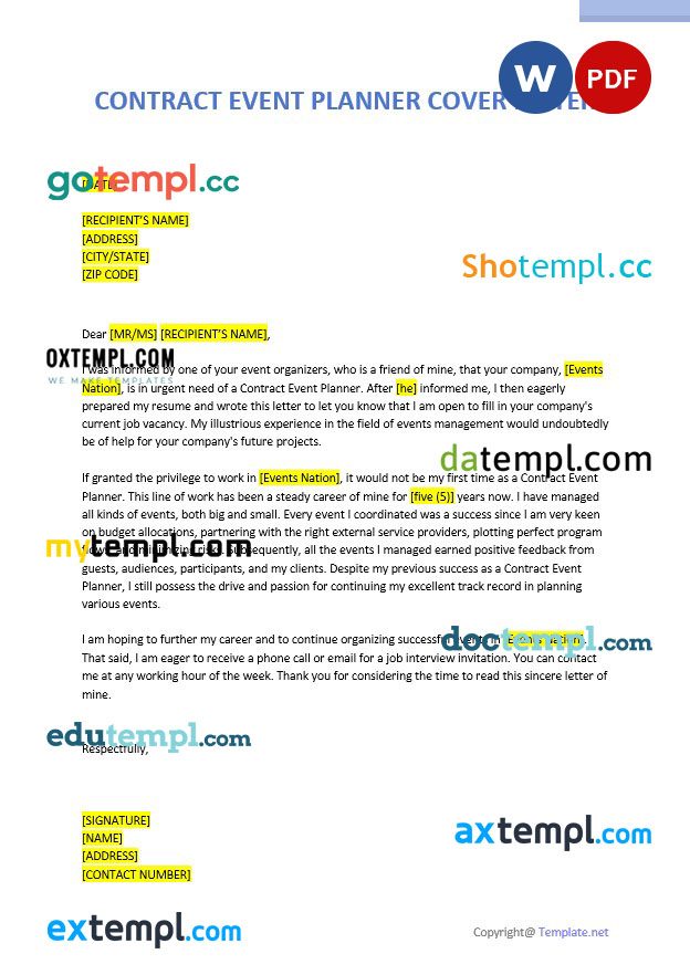 free download contract event planner cover letter example, Word and PDF format