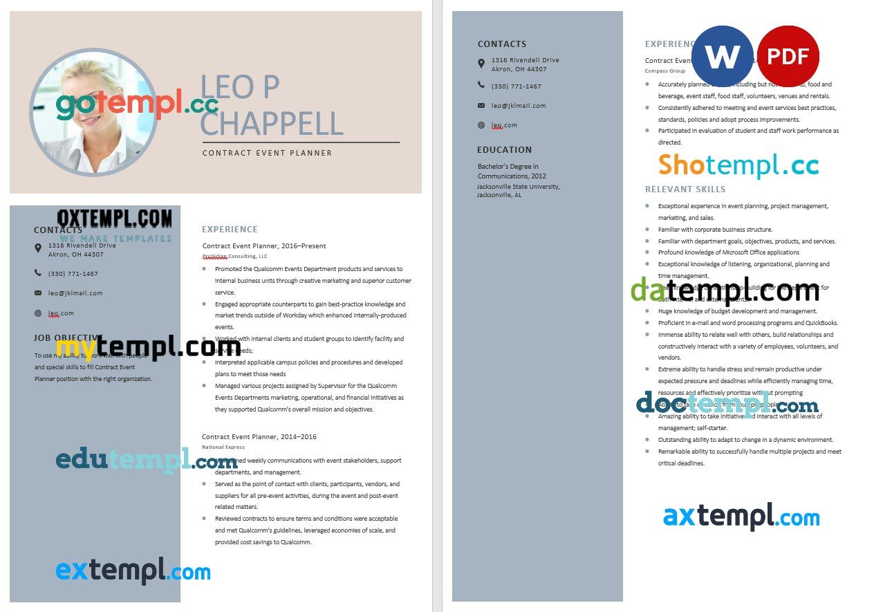 free download contract event planner resume example, Word and PDF format