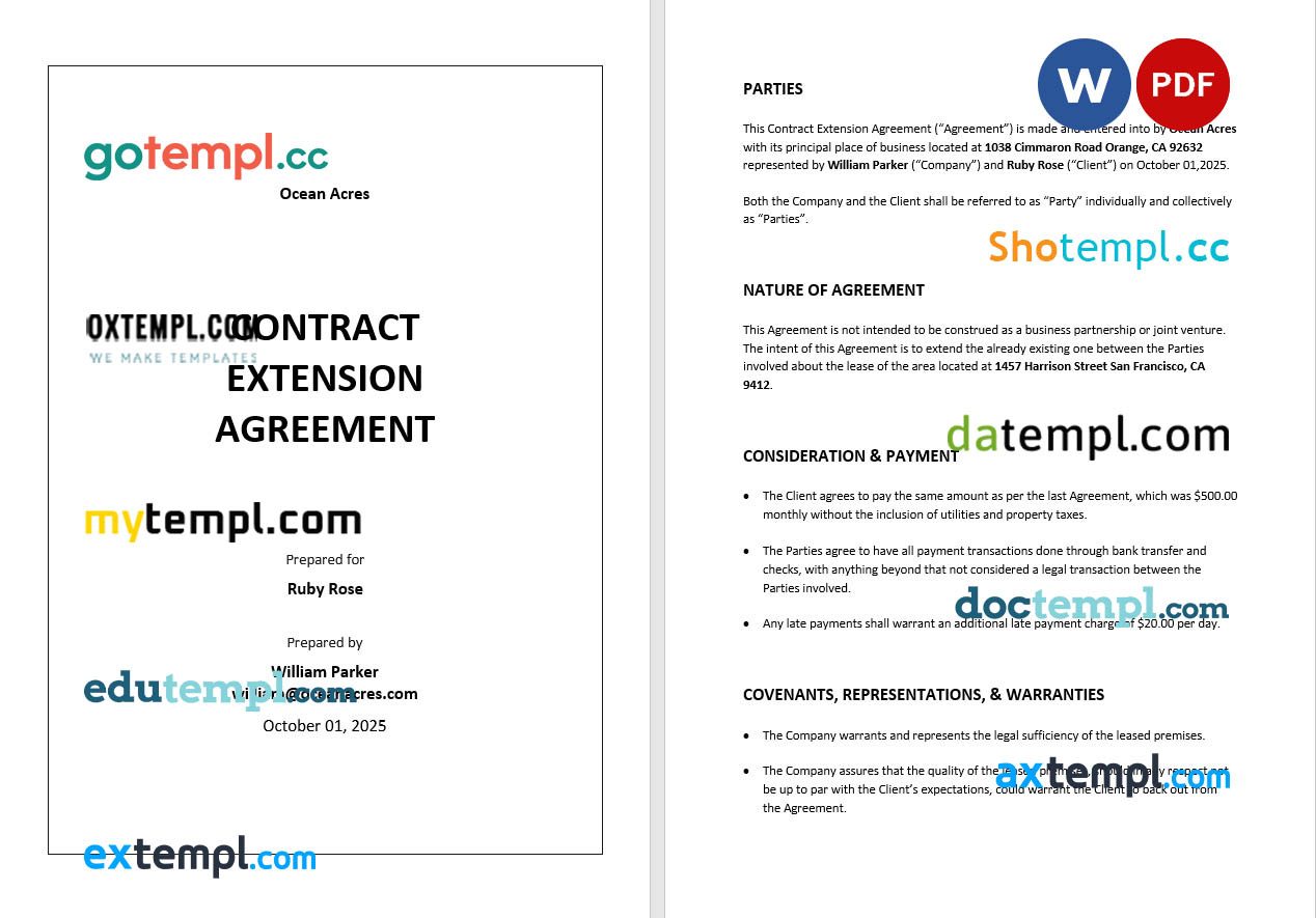 free download contract extension agreement example, Word and PDF format
