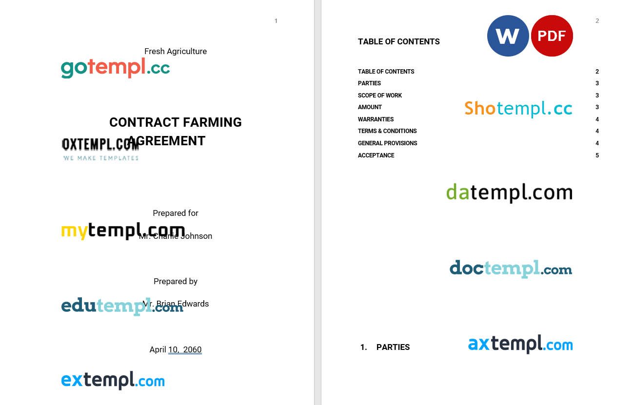 free download contract farming agreement example, Word and PDF format