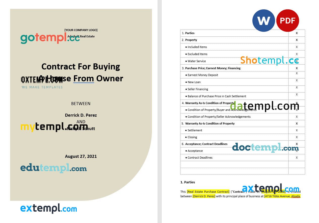 free download contract for buying a house from owner example, Word and PDF format