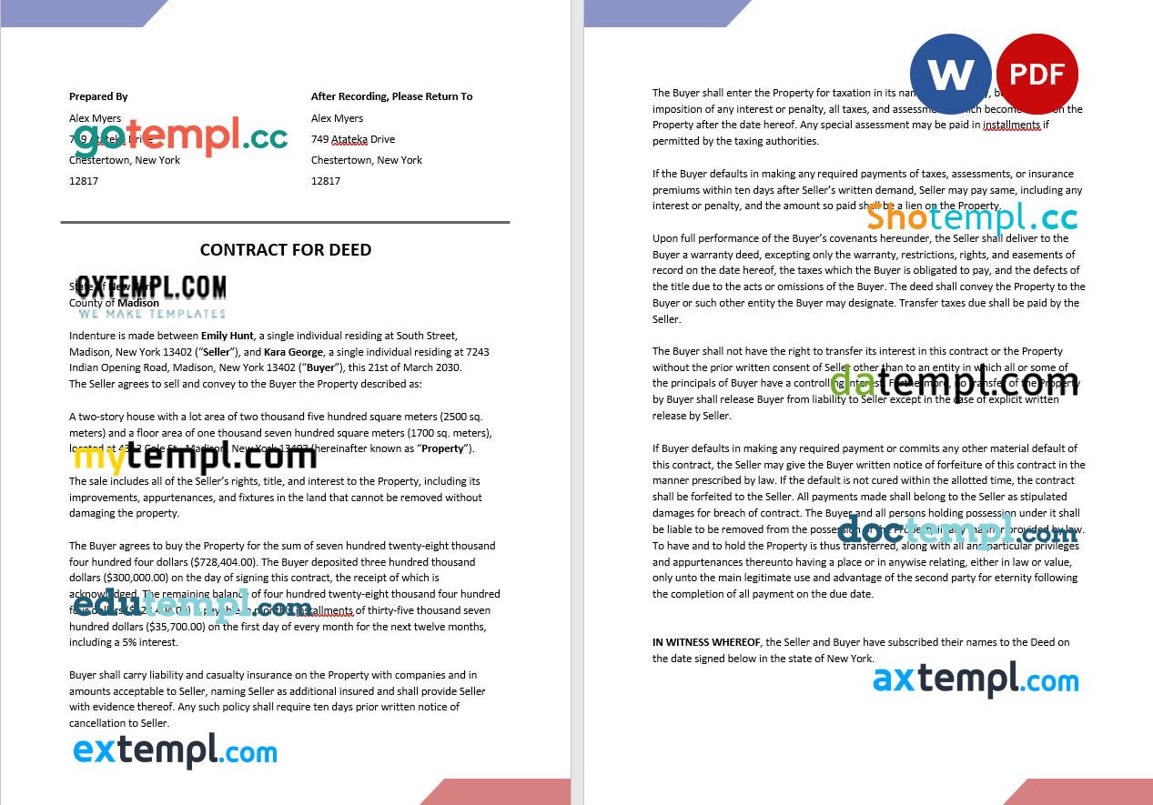 free download contract for deed example, Word and PDF format