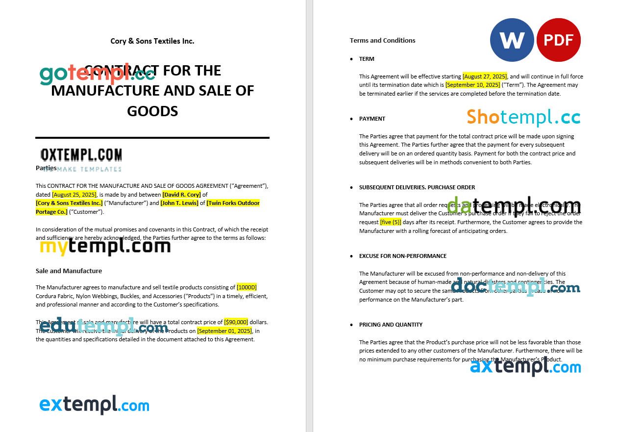 free download contract for the manufacture and sale of goods example, Word and PDF format