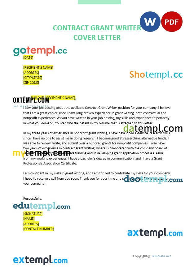 free download contract grant writer cover letter example, Word and PDF format
