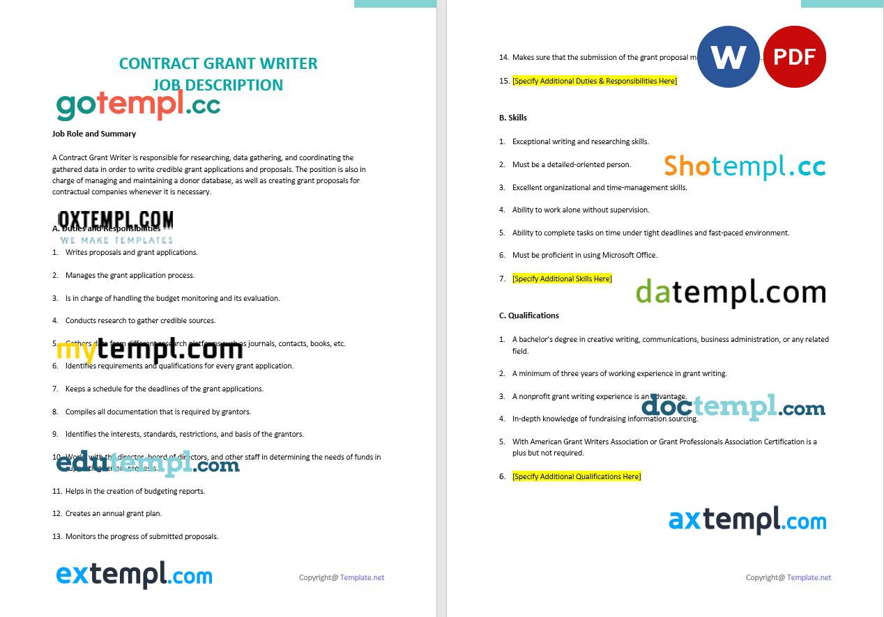 free download contract grant writer job description example, Word and PDF format
