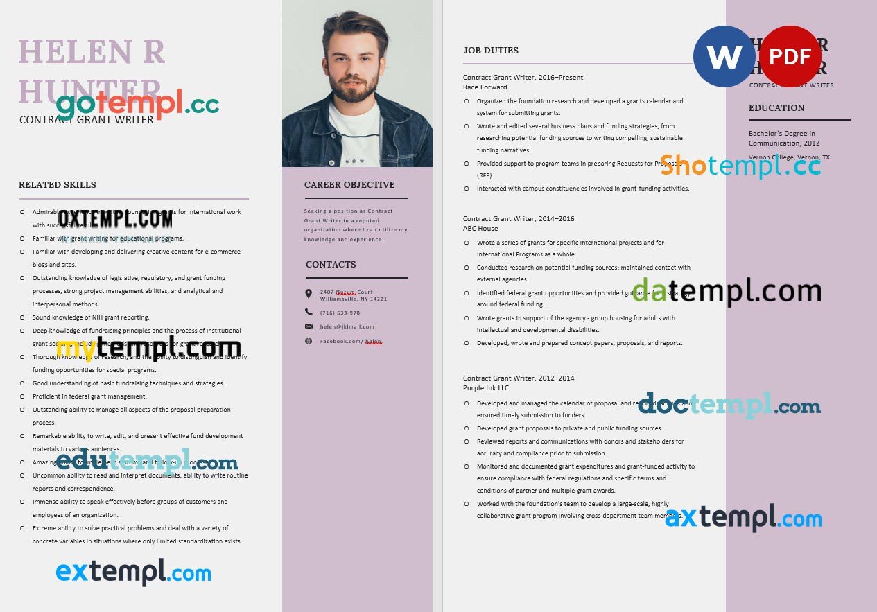 free download contract grant writer resume example, Word and PDF format