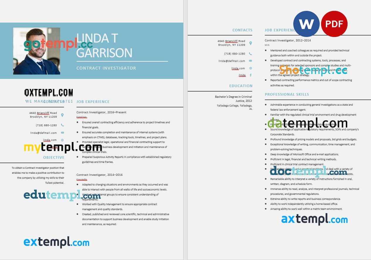 free download contract investigator resume example, Word and PDF format
