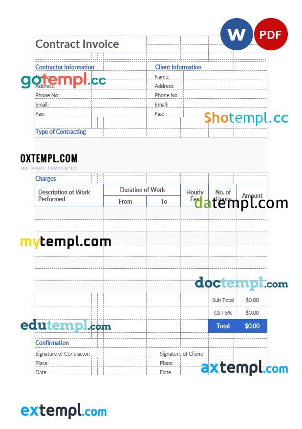 free download contract invoice 1 example, Word and PDF format