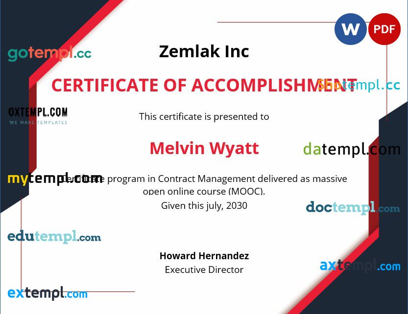 free download contract management certificate example, Word and PDF format