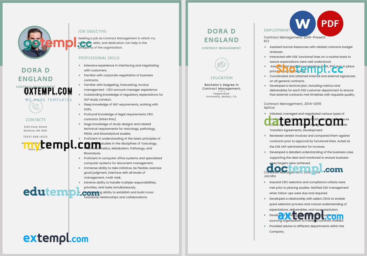 free download contract management resume example, Word and PDF format