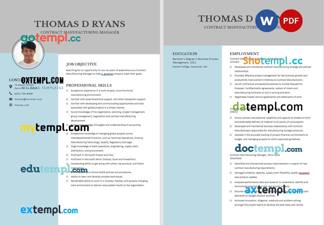 free download contract manufacturing manager resume example, Word and PDF format