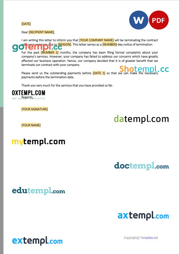 free download contract termination letter due to poor performance example, Word and PDF format